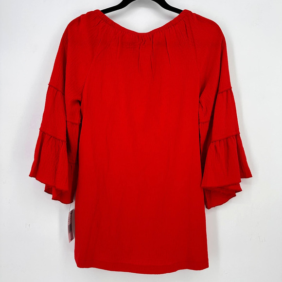 New Calessa Solid Red Flutter Tier SLeeve Elastic Neck Shirt Womens Size Large - Picture 3 of 5